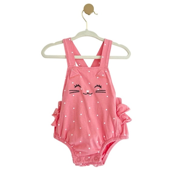 Carter's Pink Polka Dot Cat Face Overalls with Ruffle Bottoms Baby 9 Months - Picture 1 of 4